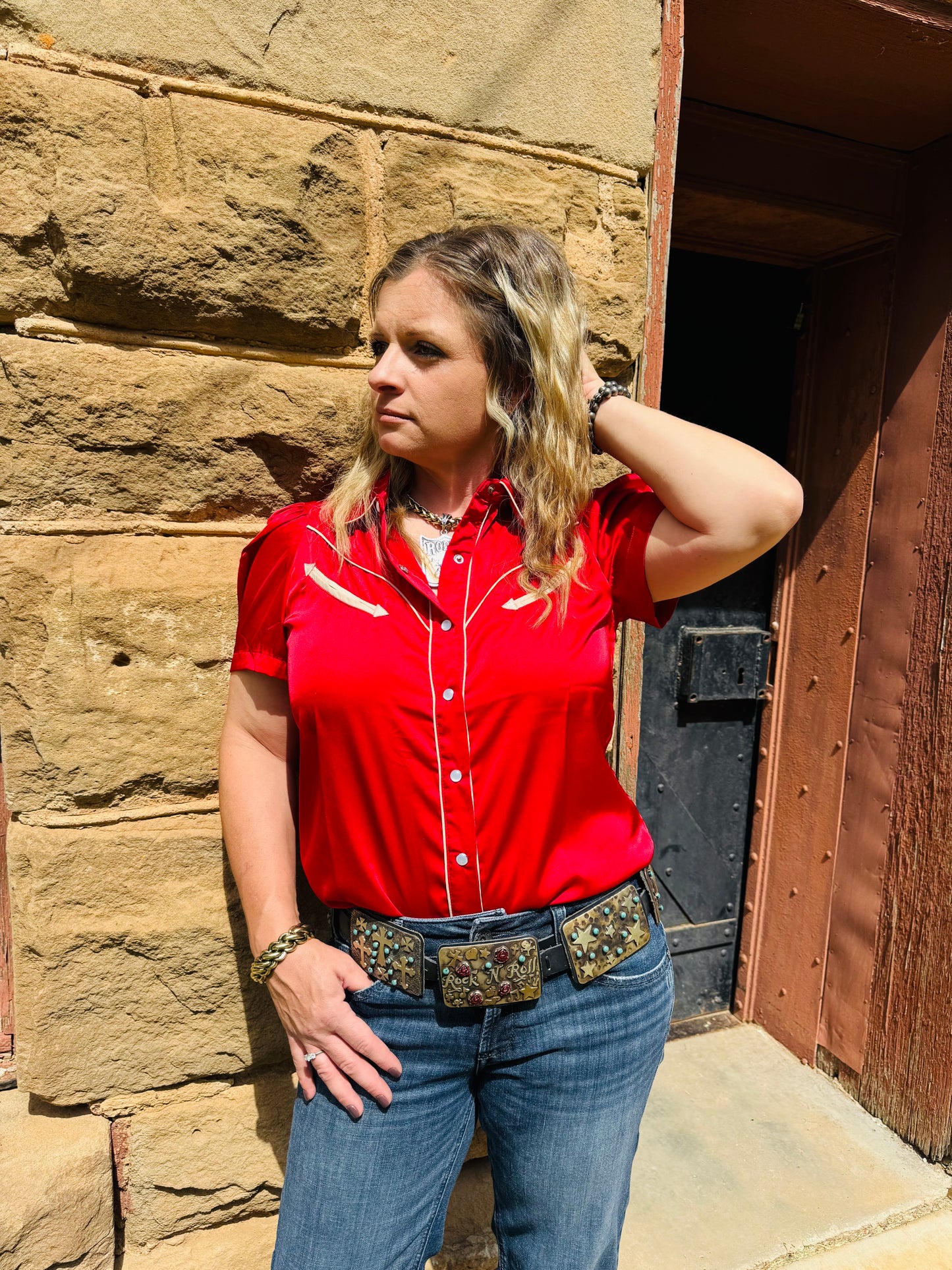 Crimson Satin Button Up