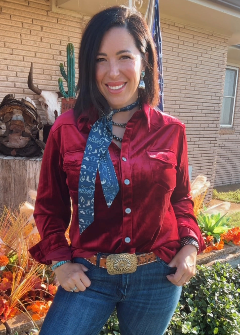 Burgundy Velvet Concho Button Up