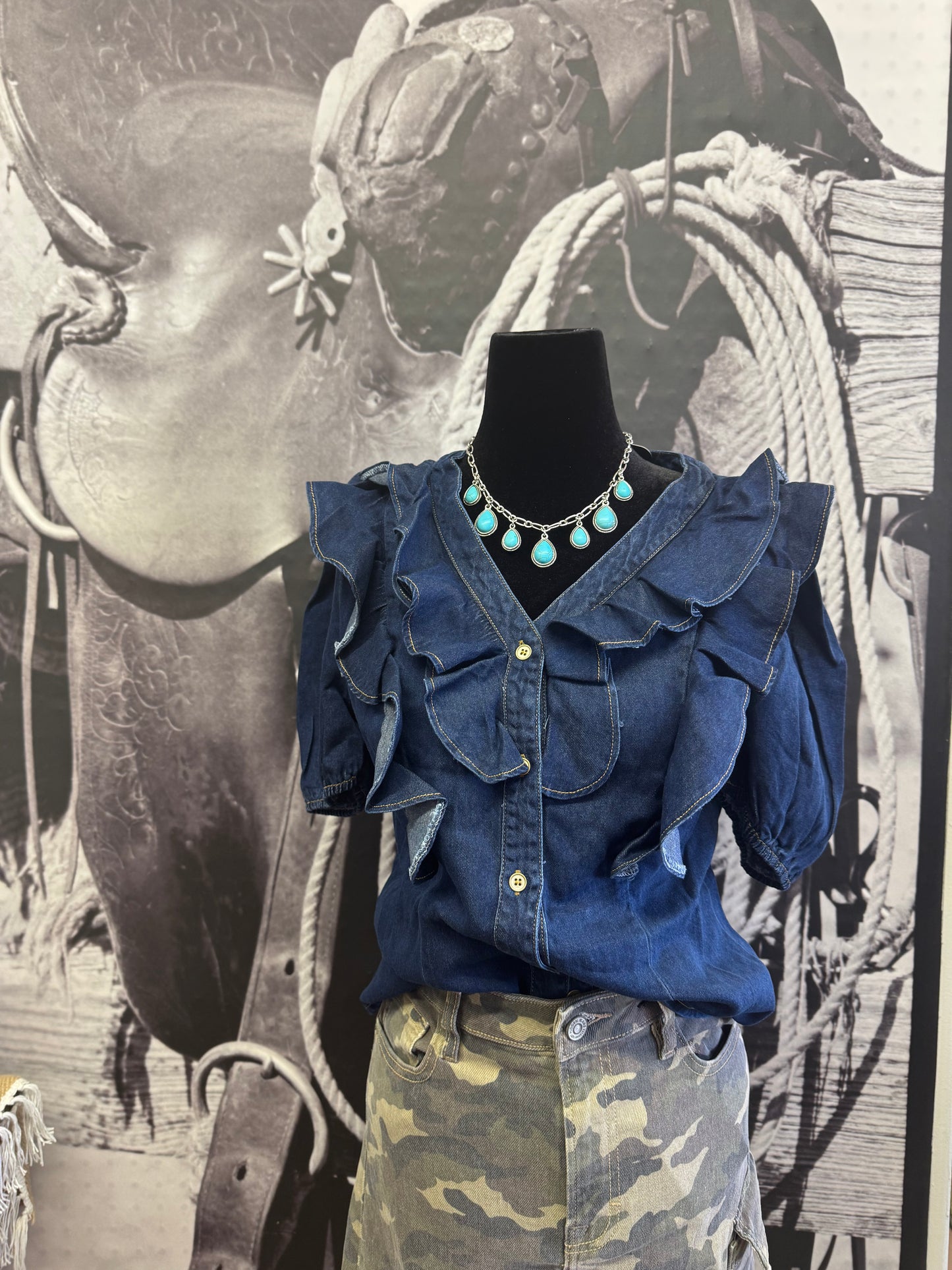 Dark Denim Ruffle Blouse