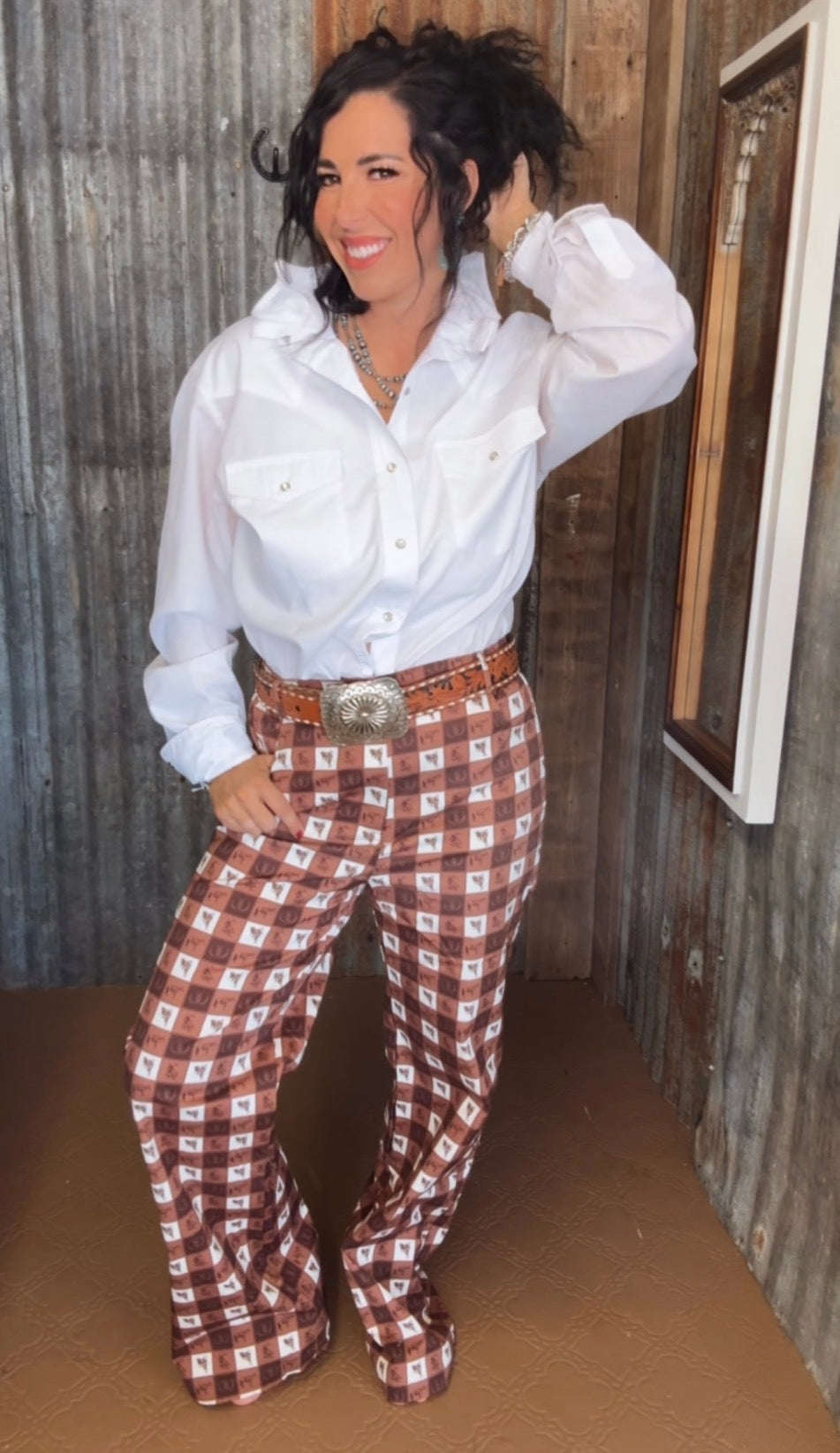 Brown plaid gingham pants