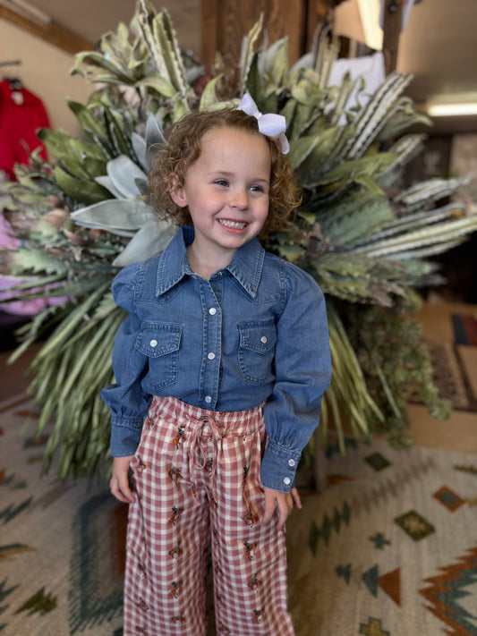 Girls Puff Sleeve Denim Pearl Snap- Toddler and Youth sizes