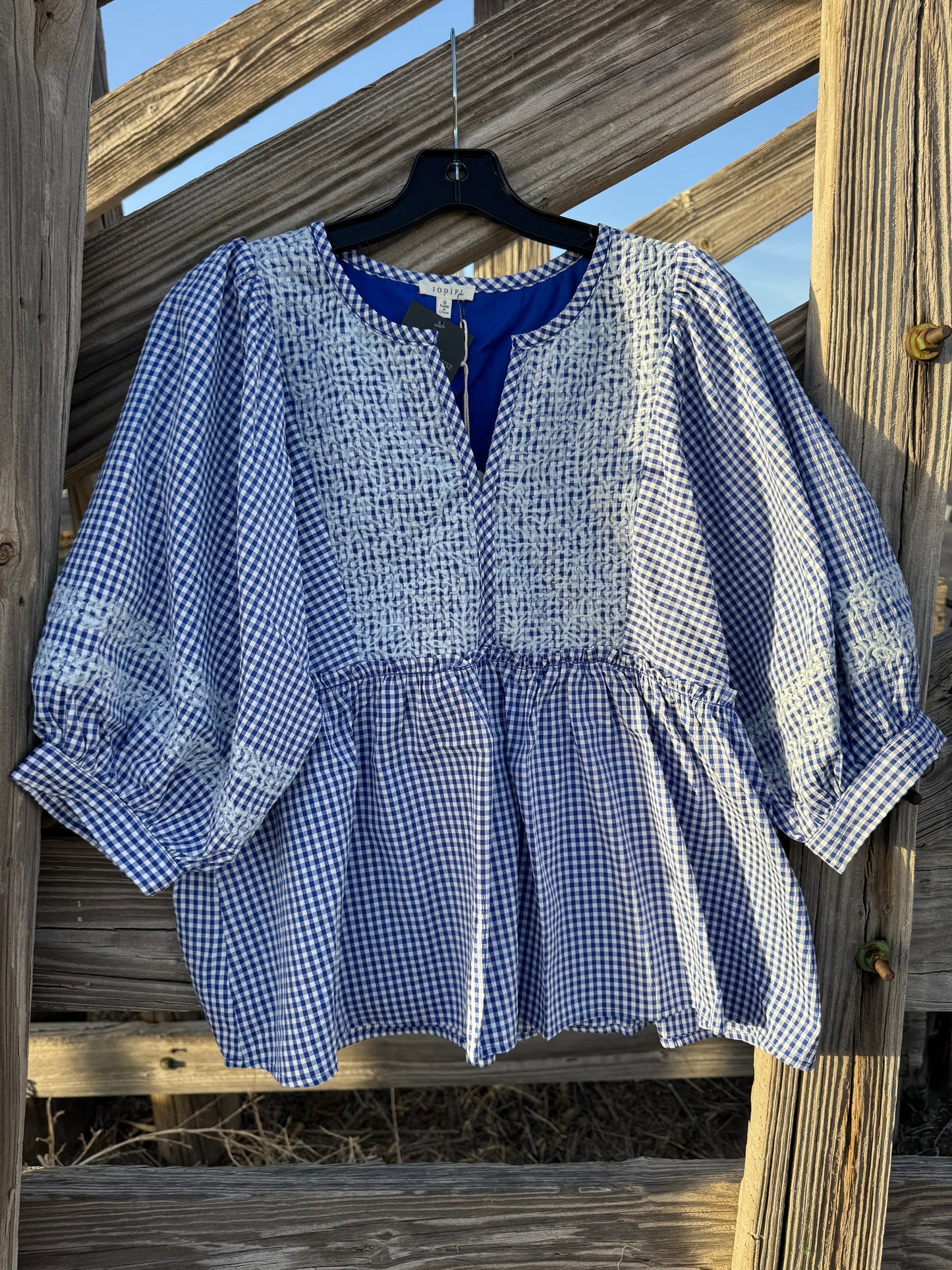Blue Gingham Embroidered Blouse
