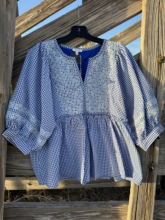 Blue Gingham Embroidered Blouse