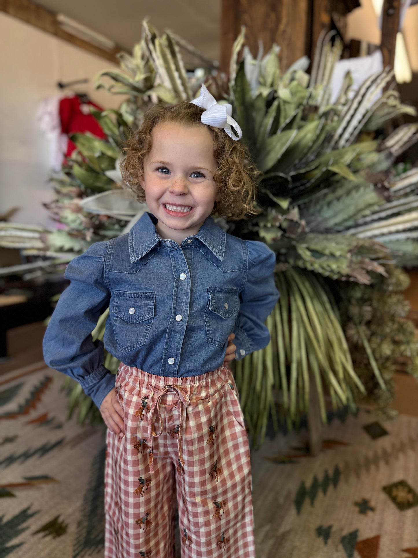 Girls Puff Sleeve Denim Pearl Snap- Toddler and Youth sizes