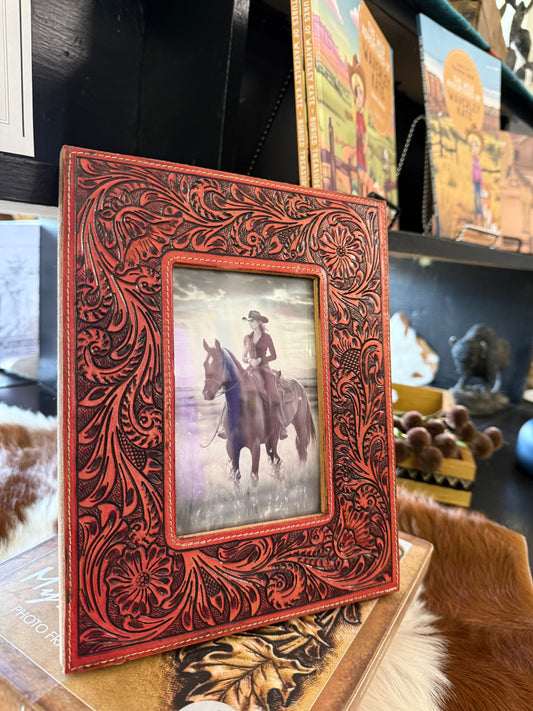 Red tooled leather