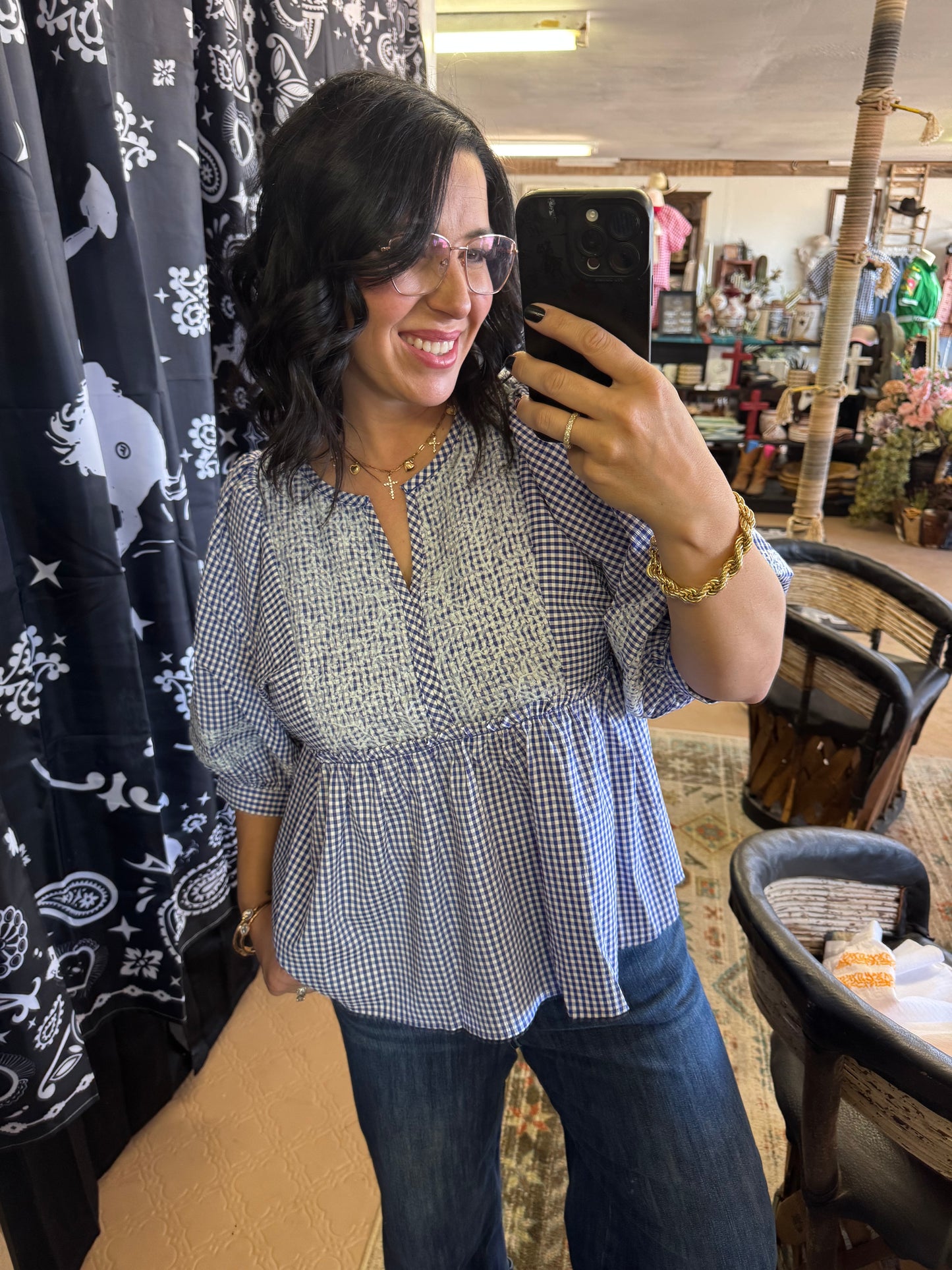 Blue Gingham Embroidered Blouse