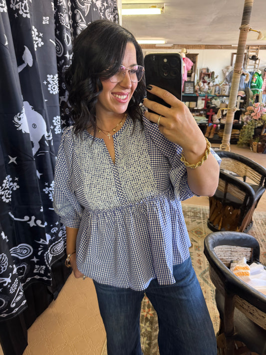 Blue Gingham Embroidered Blouse