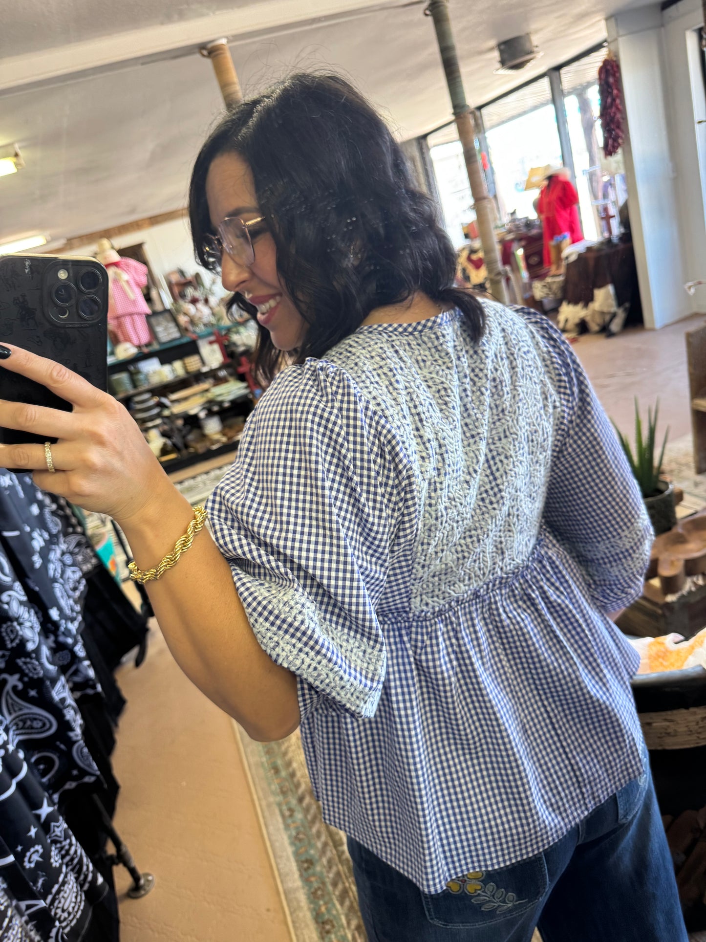 Blue Gingham Embroidered Blouse
