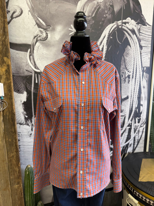 Burnt Orange and Blue Ruffle Blouse