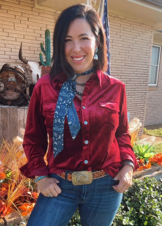 Burgundy Velvet Concho Button Up