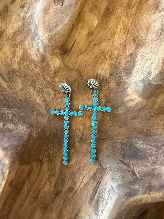 Silver wooden Cross Earrings Turquoise or Multicolored