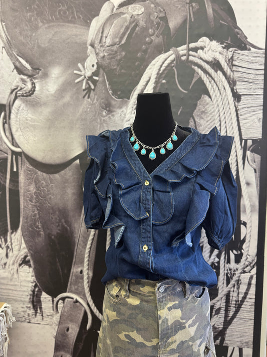 Dark Denim Ruffle Blouse