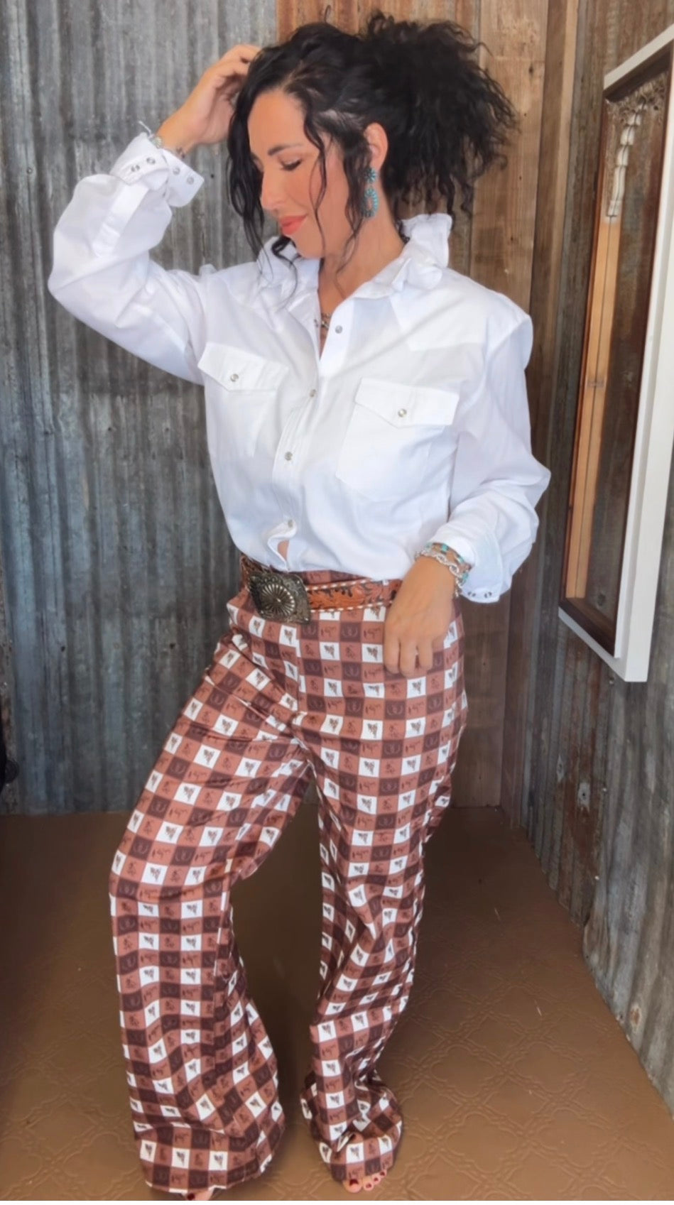 Brown plaid gingham pants