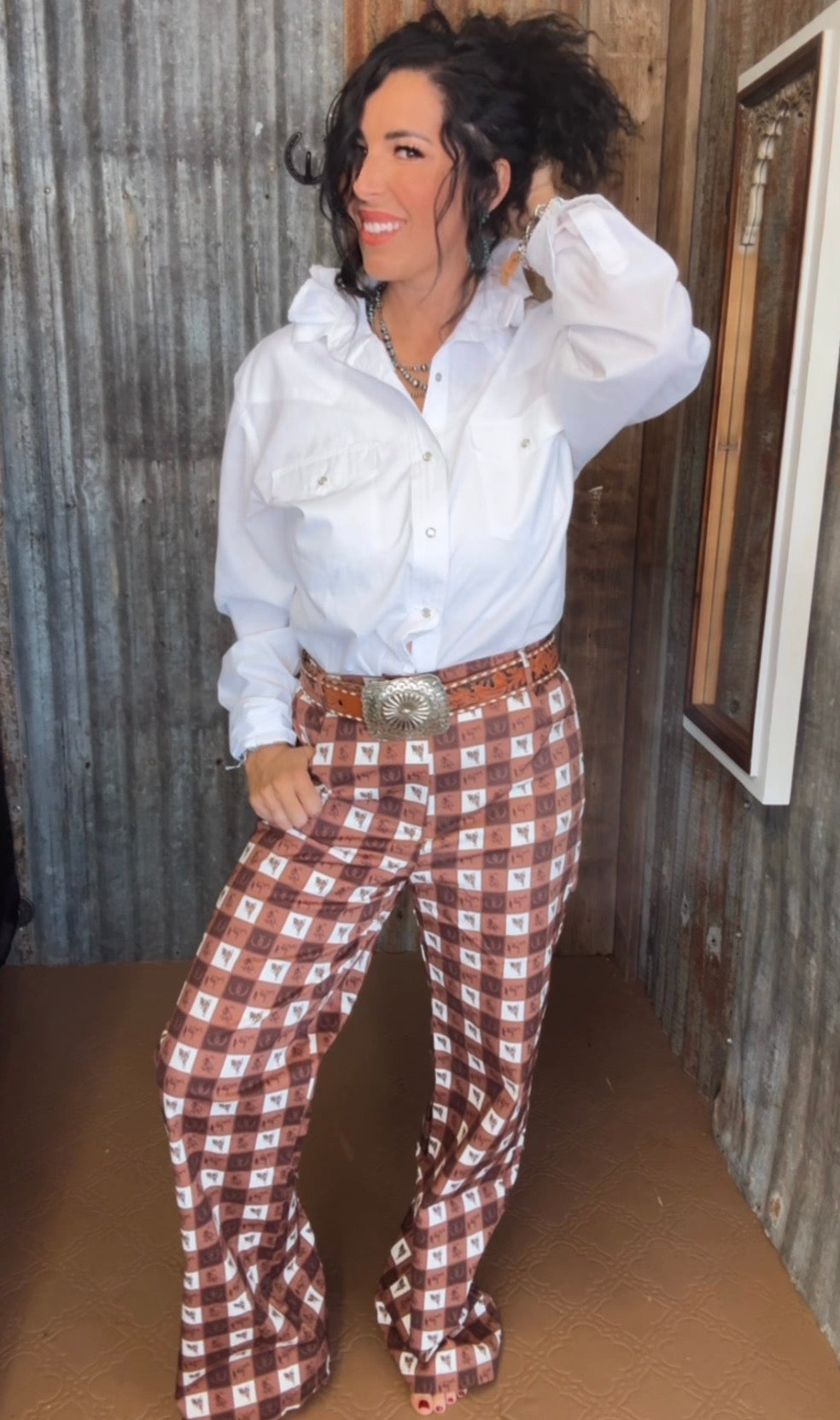 Brown plaid gingham pants